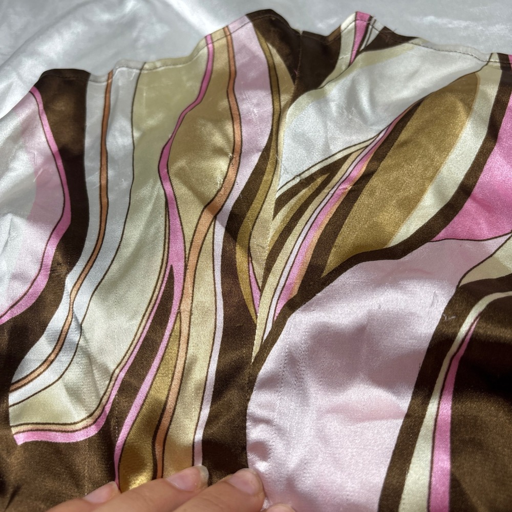 y2k Cache Blouse Brown Pink Good Psychedelic Swirl Ruched Satin Button Down Top - Picture 7 of 8